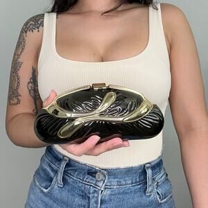 Vintage Sasha Black Gold Hard Shell Clutch Shoulder Bag Evening Purse